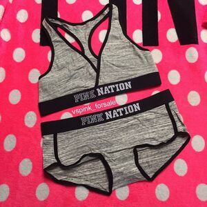 VS PINK L Logo Bra Top + Panty Two Pc Set New Large Gray Black Boyshorts
